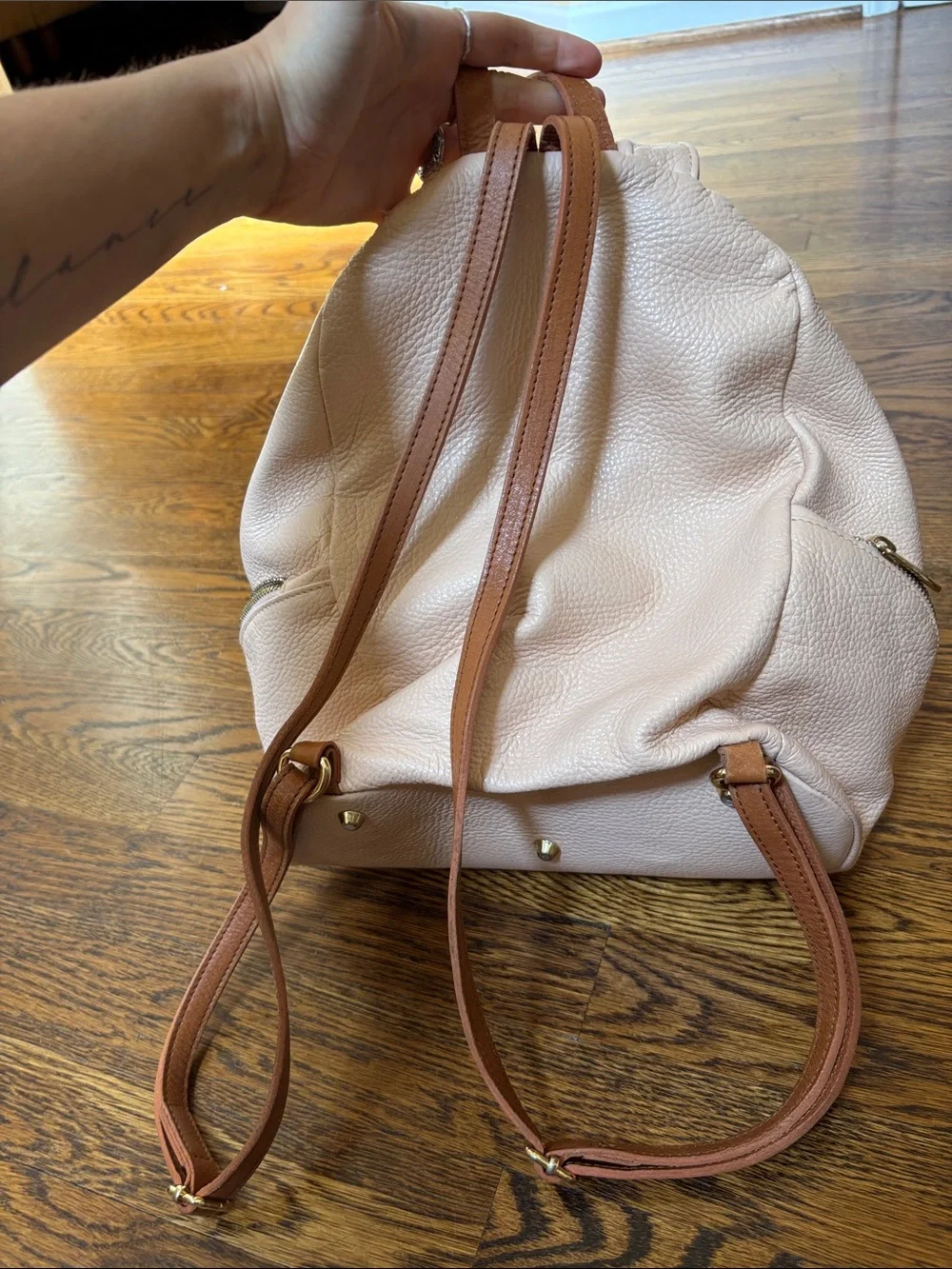 Blush Pink soft Leather Drawstring Multi Backpack w Tan Trim Valentina Italia